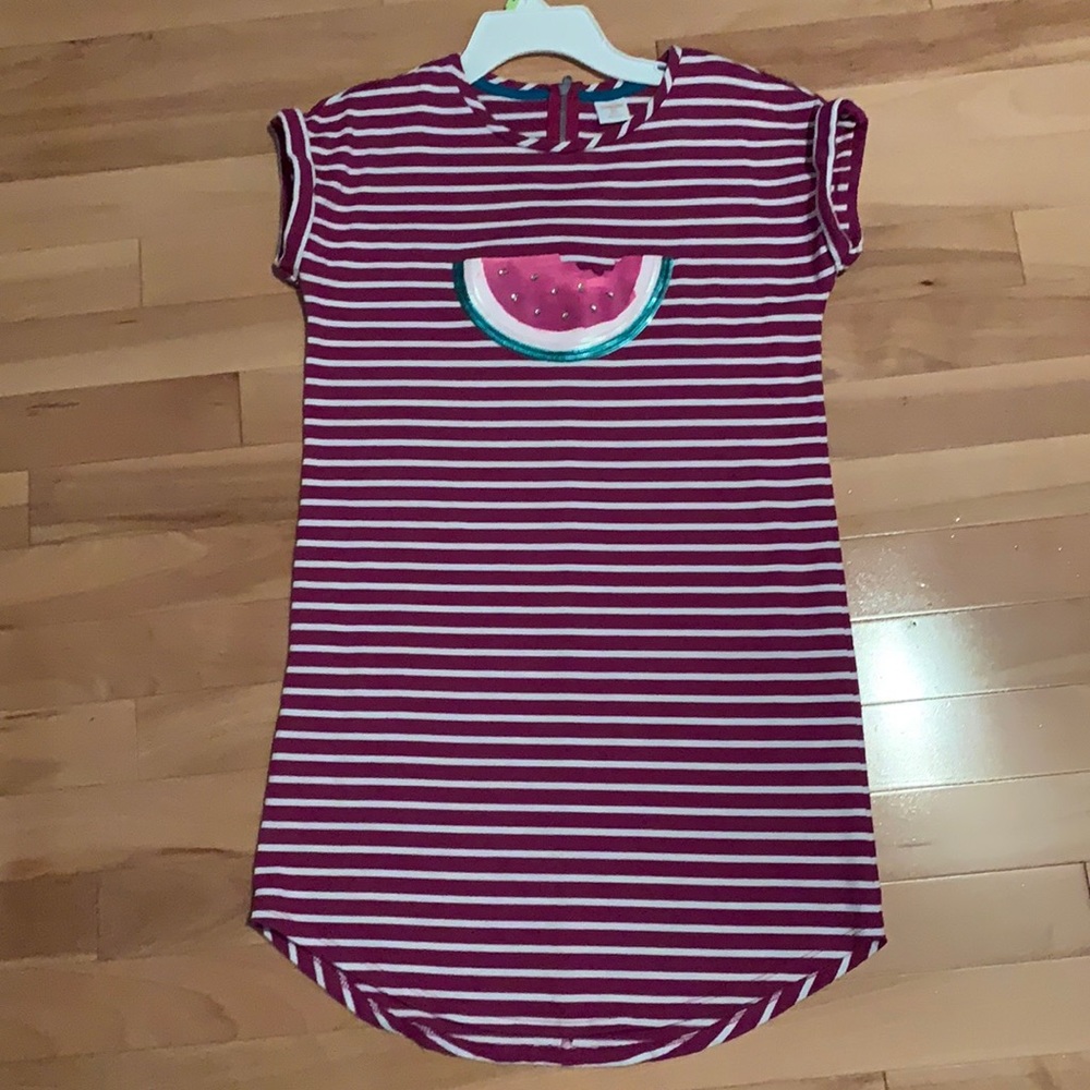 EUC Gymboree Fuchsia Striped Summer Short Sleeve Dress with watermelon -size 14